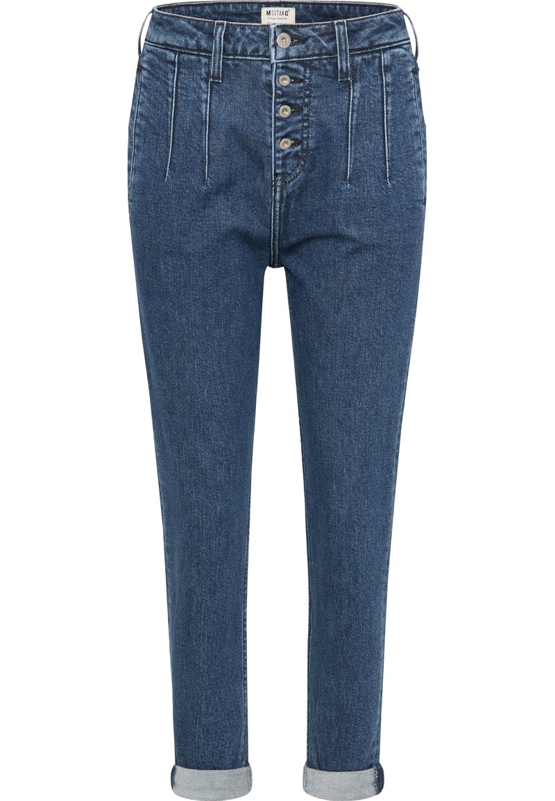 Dark blue denim trousers with a high waist, five-button closure, and rolled cuffs. Features vertical seams and two front pockets.