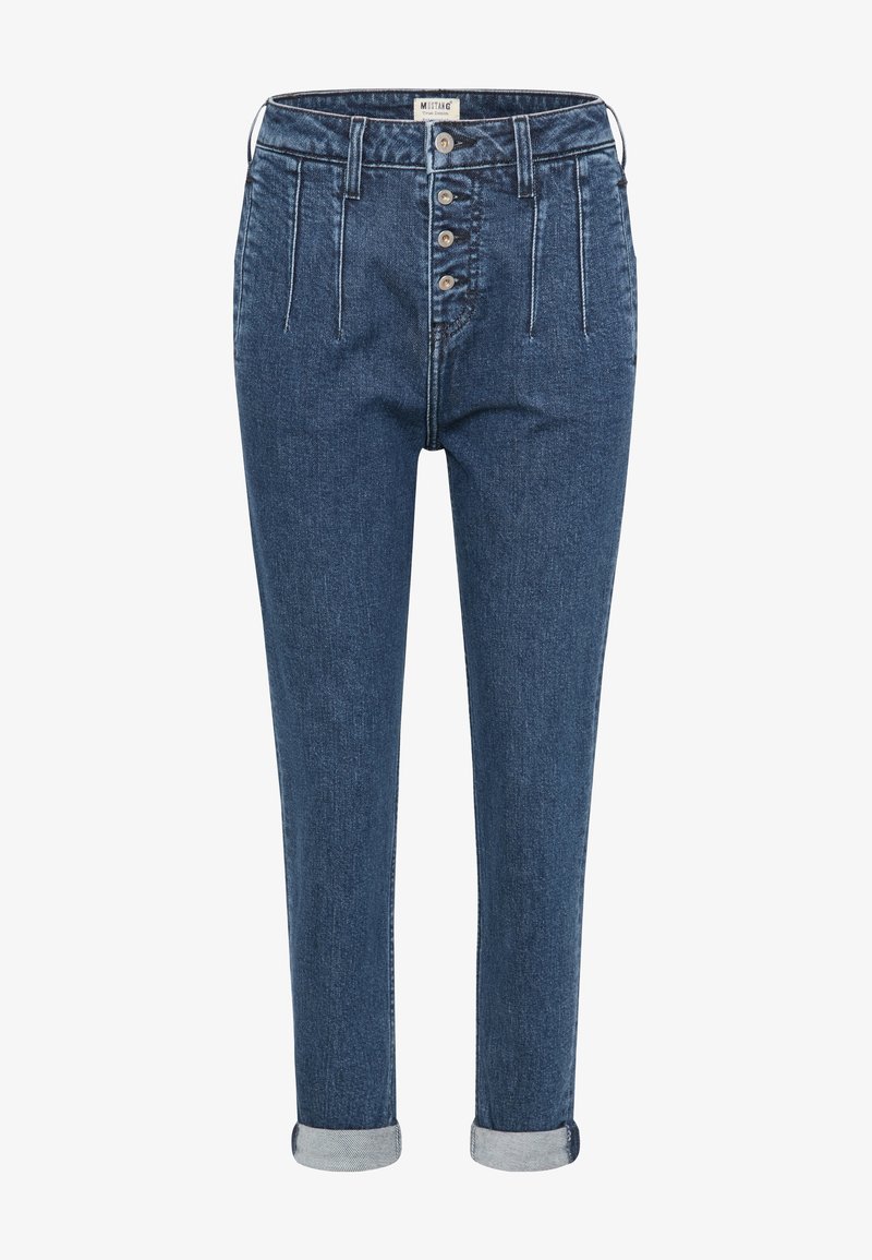 Dark blue denim trousers with a high waist, five-button closure, and rolled cuffs. Features vertical seams and two front pockets.