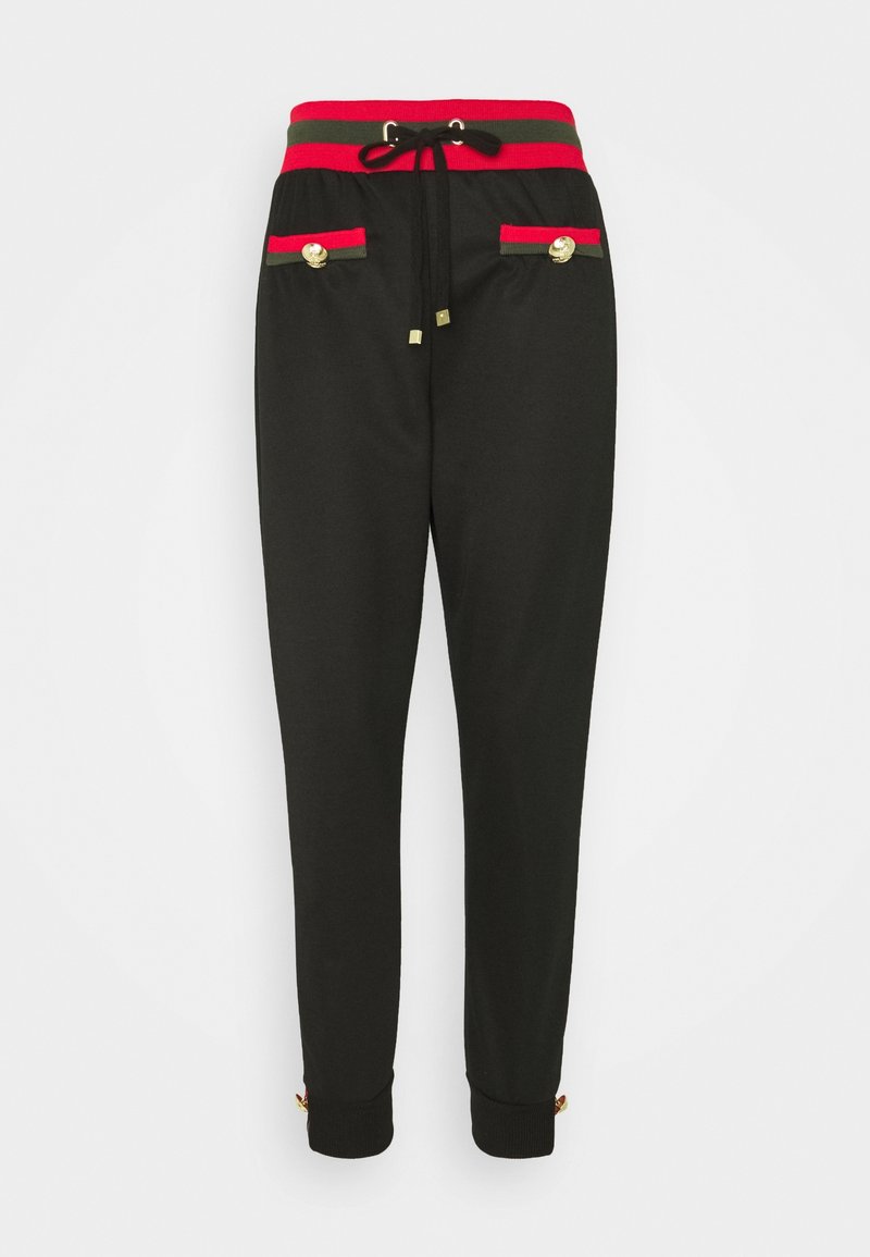 Svarta joggers med en röd och grön randig midja, guldbuttondetaljer på fickor och mudd, med dragsko för justerbar passform.