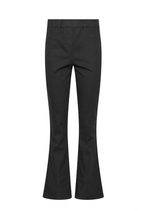 Pantaloni a zampa nera in cotone misto, con vita definita, tasche frontali e dettagli cuciti lungo le cuciture.