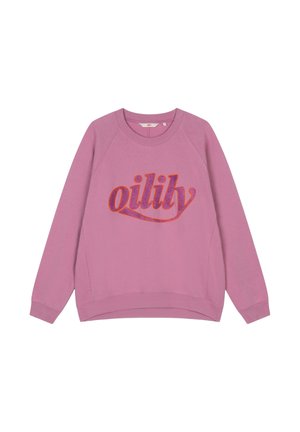 Roze sweatshirt met een ronde hals, raglanmouwen en een glinsterend rood "oily"-logo op de voorkant. Gemaakt van zacht katoen.