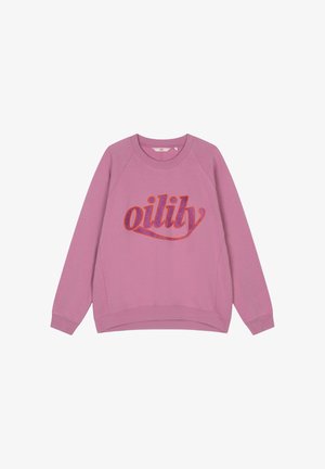 Roze sweatshirt met een ronde hals, raglanmouwen en een glinsterend rood "oily"-logo op de voorkant. Gemaakt van zacht katoen.