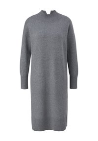 Robe pull tricotée grise à manches longues avec col montant et poignets et ourlet côtes, coupe droite et fentes latérales.