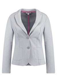Blazer gris hecho de un tejido suave, con solapas de muesca, dos bolsillos frontales, cierre de dos botones y forro interior rosa.