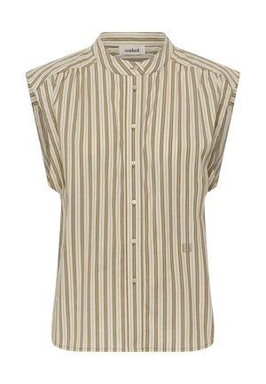 Beżowa bluzka bez rękawów z pionowymi brązowymi paskami, małym stójkowym kołnierzem i guzikami z przodu, z etykietą "soaked" przy dekolcie.
