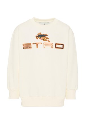 Sudadera blanca de manga larga con letras bordeadas en naranja que forman la palabra "ETRO" y un pájaro multicolor bordado encima del texto.