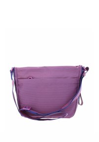 Sac messager violet avec une surface texturée, une sangle ajustable et une poche avant. Présente des accents bleus contrastants le long des bords.