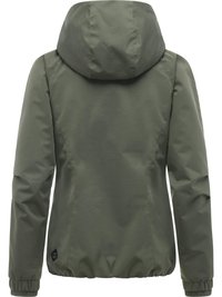 Olijfgroene capuchonjas met lange mouwen, elastische manchetten en een licht geplooemde zoom, gezien van achteren.