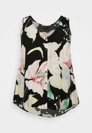Blouse noire sans manches avec boutons sur le devant, présentant un grand imprimé floral pastel en tons roses, verts et crème.
