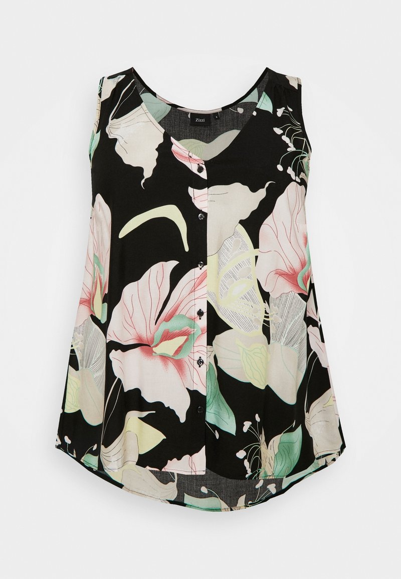 Blouse noire sans manches avec boutons sur le devant, présentant un grand imprimé floral pastel en tons roses, verts et crème.