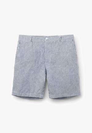 Pantalones cortos casuales de hombre con finas rayas verticales azul marino y blancas, cintura con botones y bolsillos laterales, extendidos sobre un fondo blanco.