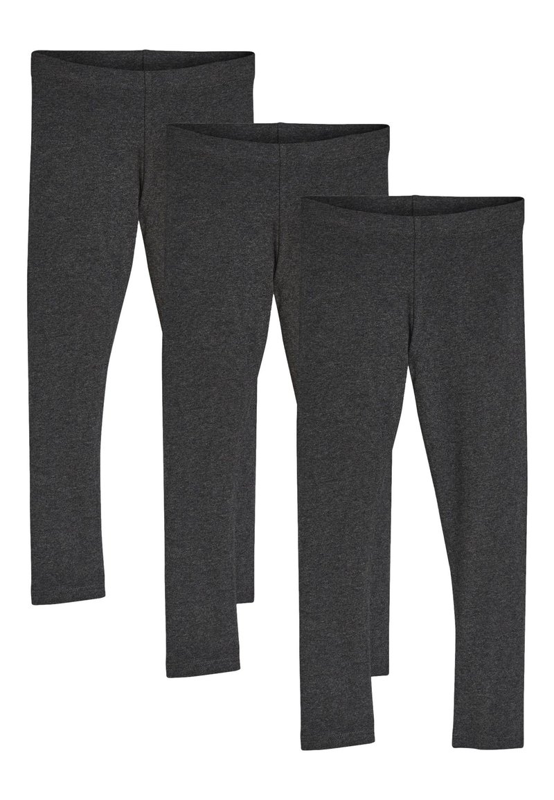 Conjunto de tres leggings gris oscuro. Hechos con una tela lisa y elástica con una cinturilla cómoda. Diseño ajustado y piernas de longitud completa.