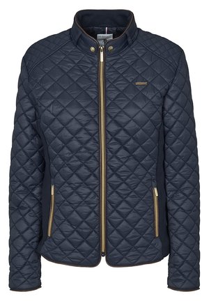 Navyblå quiltet jakke med fuld frontlynlås, to lynlåslommer og høj krave med trykknapper, designet til kvinder.