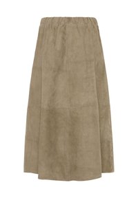 Semišová midi sukňa v svetlobéžovej farbe s elastickým pásom, s hladkou textúrou a rozšíreným strihom s detailmi švov.