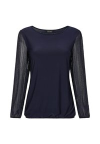 Maglietta a maniche lunghe blu navy con corpo a tinta unita, maniche trasparenti con dettagli in perline verticali e scollatura rotonda con leggere arricciature sull'orlo.