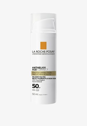 La Roche-Posay Anthelios Age Correct Sonnencreme in einer weißen 50 ml Pumpflasche mit einem gelben quadratischen Logo und schwarzem Text, gekennzeichnet mit SPF 50, öl-frei.