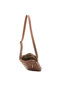 Borsa a tracolla in pelle marrone con zip superiore, tracolla regolabile e fodera interna in tessuto a scacchi. Caratterizzata da dettagli in metallo dorato.