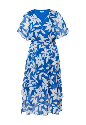 Blue midi dress with white floral print, V-neck, flutter sleeves, elastic waist, and layered hem.