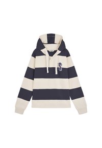 Sudadera con capucha de rayas horizontales anchas en azul marino y beige, con cordones y parche del logo "S" en el lado izquierdo del pecho.