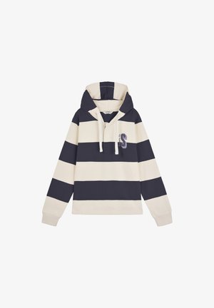 Pulover cu glugă, cu dungi late orizontale în nuanțe de bleumarin și bej, șnururi de strângere și patch cu logo „S” pe pieptul stâng.