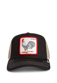 Casquette noire avec côtés en maille, ornée d'un patch brodé de coq entouré d'une bordure rouge, texte "COQ" au-dessus du design, visière incurvée.