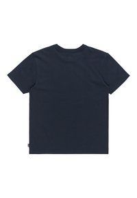 Marineblauwe T-shirt met korte mouwen van katoen, met een ronde hals en een rechte zoom. Geen zichtbare patronen of accenten.