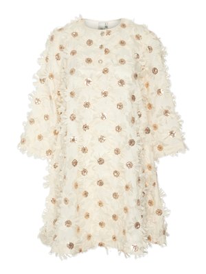 White dress featuring a round neckline, three-quarter sleeves, and floral embellishments with sequins, adorned with frilled edges.