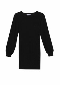 Robe tricotée noire avec de longues manches bouffantes, présentant une texture côtelée et un décolleté carré. Design simple et épuré avec une coupe droite.