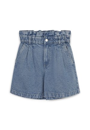 Shorts in denim di un blu chiaro con vita elastica, pieghe frontali, tasche laterali e chiusura a un bottone in metallo.