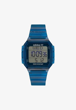 Digitaluhr mit einem blauen, durchscheinenden Armband und Gehäuse. Verfügt über ein rechteckiges LCD-Display, das die Uhrzeit und den Tag anzeigt. Stoßfestes Design.