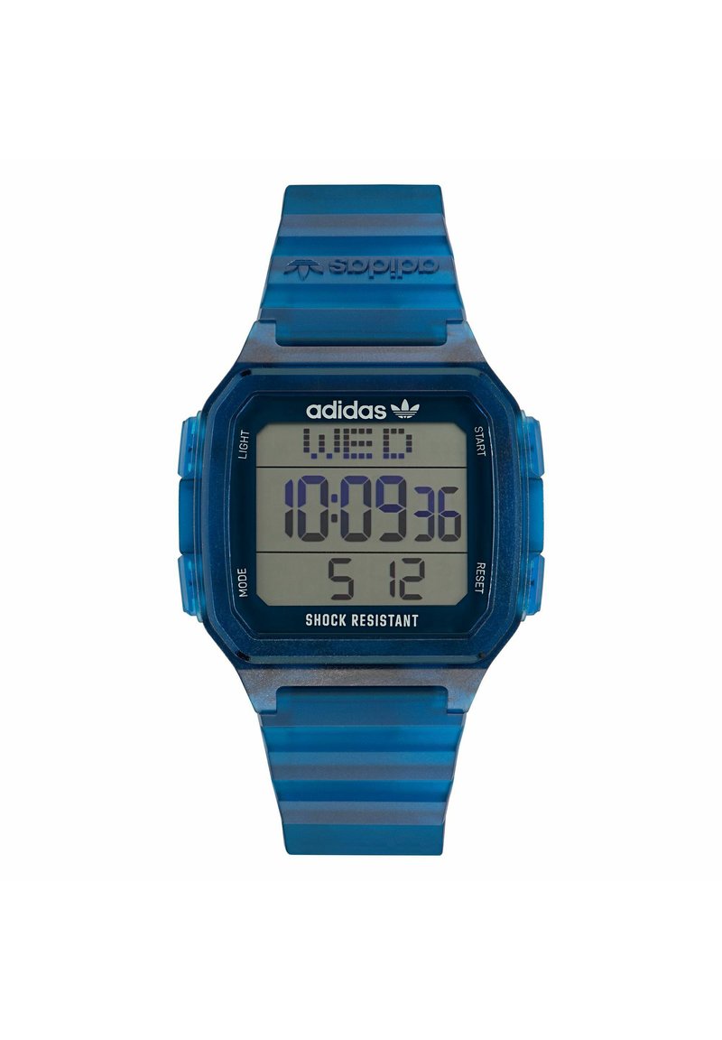 Digital wristwatch with a blue translucent strap and case. Features a rectangular LCD display, showing time and day. Shock resistant design.