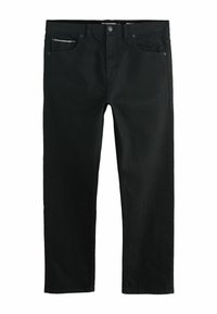 Black denim jeans with a straight leg design, front pockets, and a silver zipper detail on the right pocket. Smooth texture.