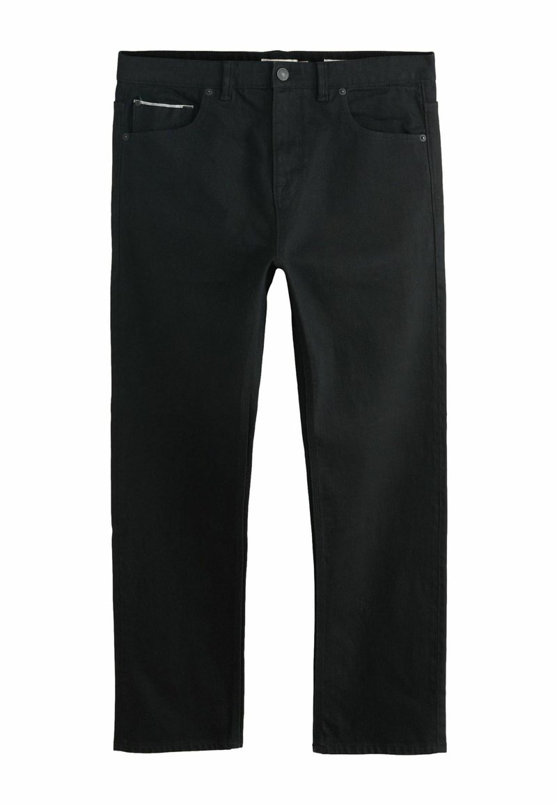 Black denim jeans with a straight leg design, front pockets, and a silver zipper detail on the right pocket. Smooth texture.