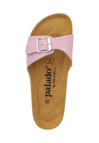Infradito sintetiche rosa con fibbia metallica argento, soletta in suede marrone e branding impresso. Design piatto, stile open-toe.