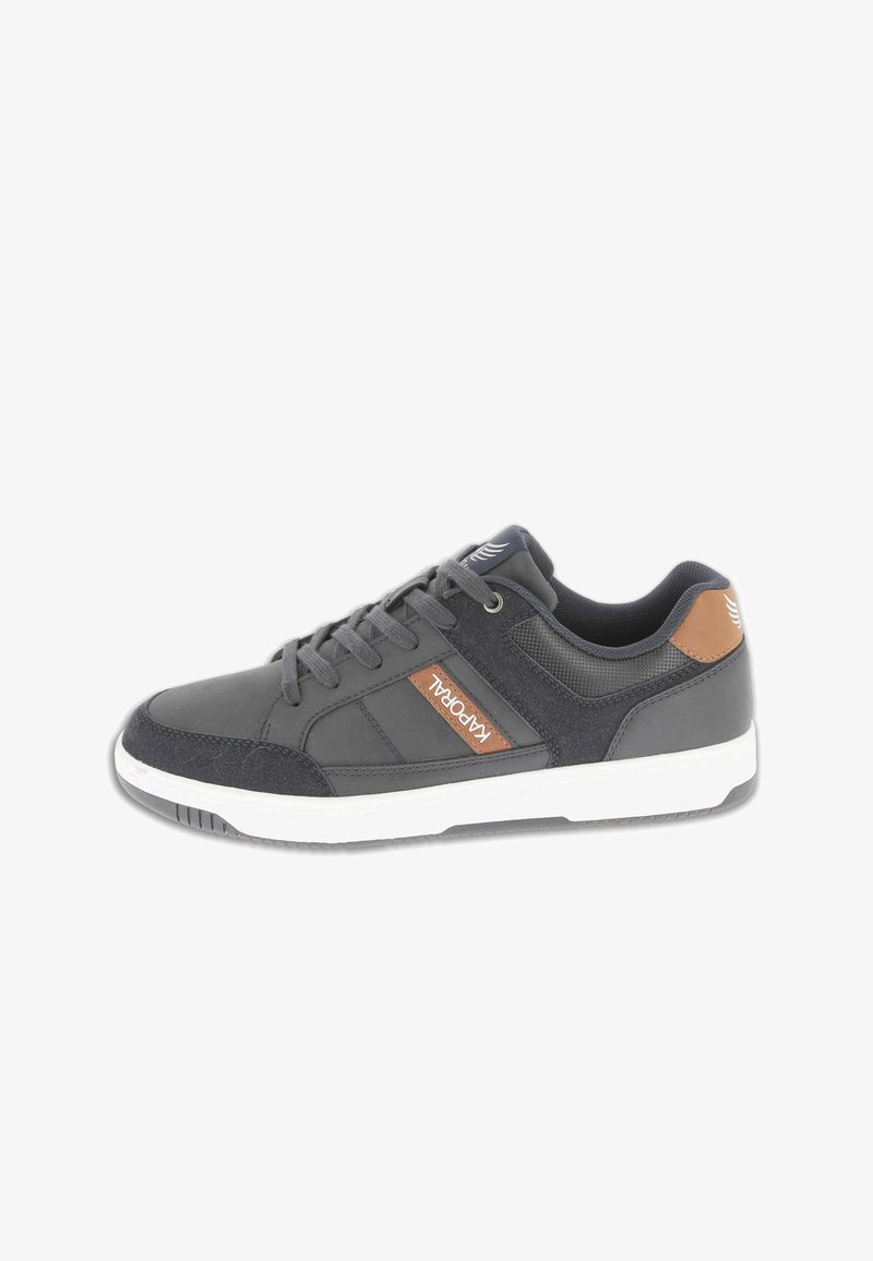 Dark gray low-top sneaker with brown accents, white sole, lace-up front, and a "Kaporal" label on the side.