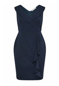 Meriine sinine ilma varrukateta kleit V-kaelusega, millel on külje peal langev volangidetail ja keha lähedane forma. Valmistatud sujuvast kangast.