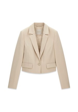Beiger kurzer Blazer mit Ein-Knopf-Verschluss, abgesteppten Revers, langen Ärmeln und Klappentaschen von GUESS.