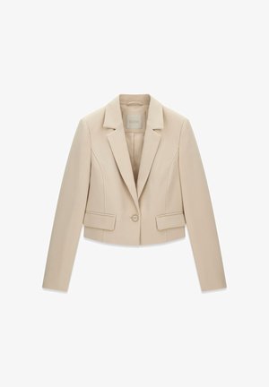 Beiger kurzer Blazer mit Ein-Knopf-Verschluss, abgesteppten Revers, langen Ärmeln und Klappentaschen von GUESS.