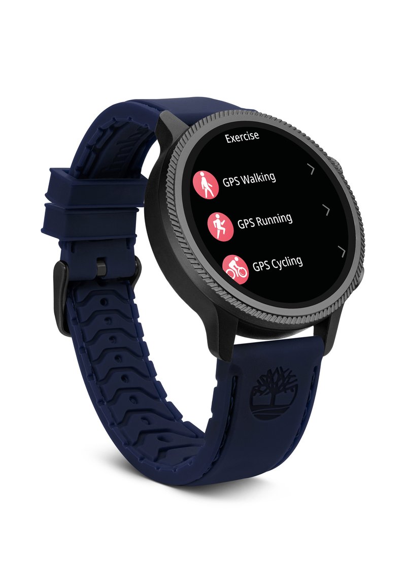 Black smartwatch with a round face and touchscreen. Navy silicone strap with textured design. Screen displays exercise options: GPS Walking, Running, Cycling.