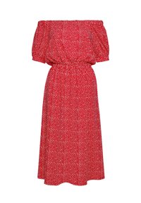 Robe rouge décolletée avec manches courtes bouffantes, taille élastique et motif à pois blancs, fabriquée en tissu léger.