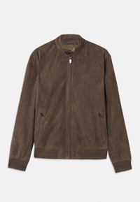 Bruine suède jas met een staande kraag, twee zijzakken met rits en geribbelde manchetten. Glad textuur met een minimalistisch ontwerp.