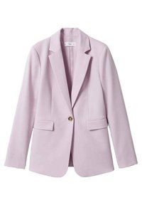 Jasnofioletowa marynarka z gładkiego materiału, z pojedynczym złotym guzikiem, klapami i dwoma przednimi kieszeniami. Dopasowany krój z długimi rękawami.