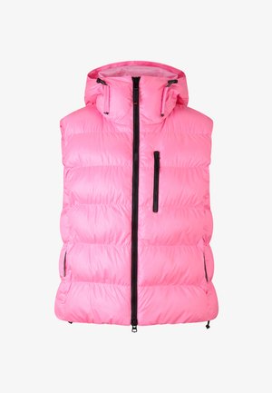 Pink puffer vest with a hood, features a front zipper and one zippered pocket. Made of shiny, padded material with a quilted design.
