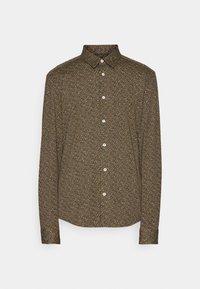 Camicia marrone a maniche lunghe con un motivo multicolore disperso. Presenta una chiusura con bottoni, colletto e una texture morbida.