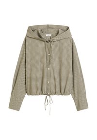 Gekürzte, kapuzenförmige Bluse im olivgrünen und weißen Karomuster, mit Knopfverschluss und Kordelzugsaum. Weicher Stoff mit langen Ärmeln.