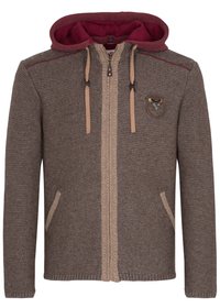 Brauner Strick-Hoodie mit einem kastanienbraunen Innenfutter, ausgestattet mit einem Frontreißverschluss, zwei seitlichen Taschen und einem Badge auf der Brust. Mit hellbraunen Kordeln akzentuiert.