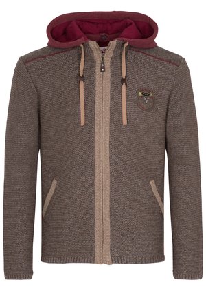 Brauner Strick-Hoodie mit einem kastanienbraunen Innenfutter, ausgestattet mit einem Frontreißverschluss, zwei seitlichen Taschen und einem Badge auf der Brust. Mit hellbraunen Kordeln akzentuiert.