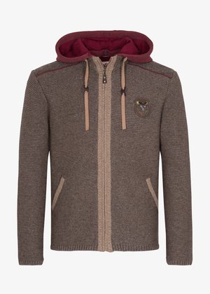 Brauner Strick-Hoodie mit einem kastanienbraunen Innenfutter, ausgestattet mit einem Frontreißverschluss, zwei seitlichen Taschen und einem Badge auf der Brust. Mit hellbraunen Kordeln akzentuiert.