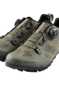 Scarpe da ciclismo Vaude in verde oliva, con tomaia in rete traspirante, sistema di chiusura Boa, suola in gomma e dettagli testurizzati.