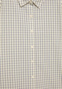 Bézs gombos ing kék és szürke kockás mintával, hegyes gallérral, a gallértól a középső törzsig látható.